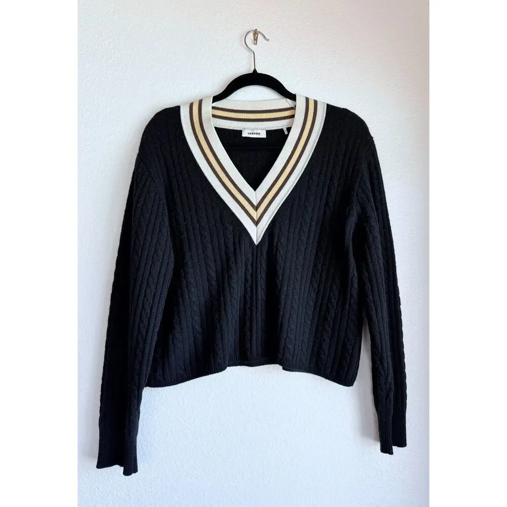 Sandro Contrast Stripe Cable Knit V-Neck Sweater in Navy White & Yellow Size 4 - Picture 7 of 15